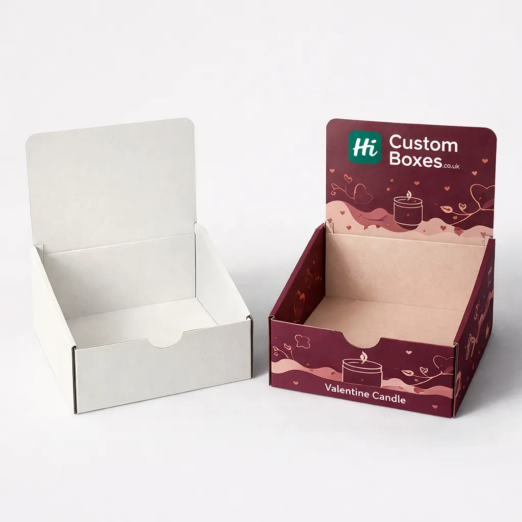 Two open cardboard display boxes, one plain white and one burgundy with Valentine's candle graphics. class=